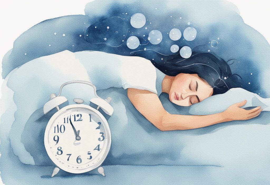 Minimalistische Aquarellillustration einer schlafenden Frau mit Traumblasen, die Gesundheitsvorteile und längere Schlafstunden darstellen, Hauptfarbe Blau