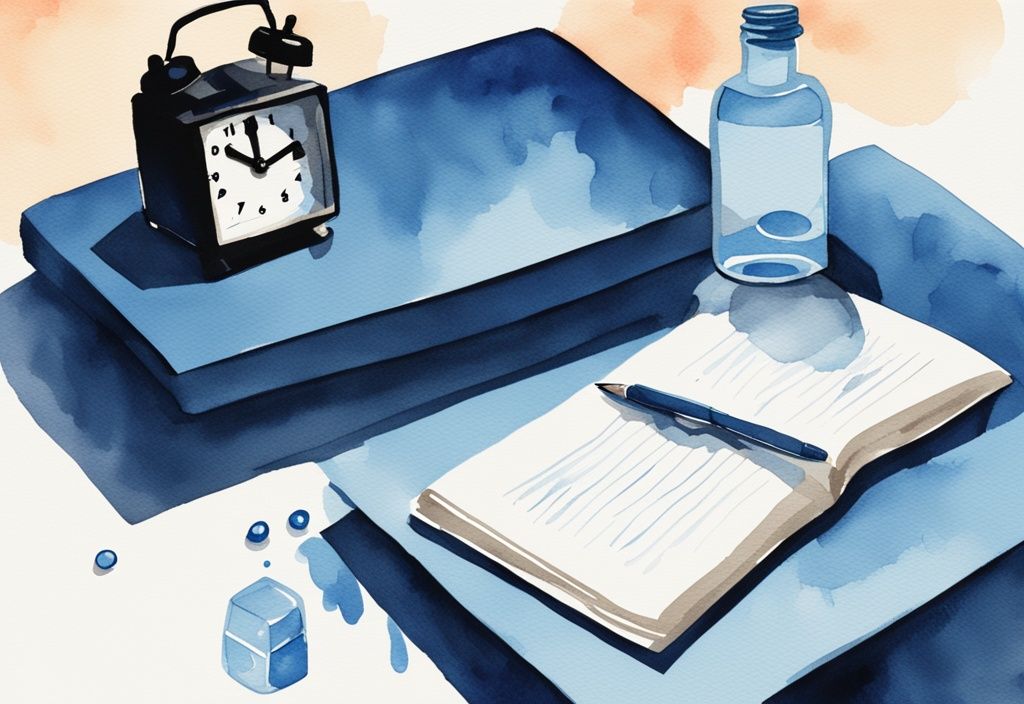 Minimalistische Aquarellillustration eines Nachttisches mit Trimipramin-Tropfen, einem Wasserglas und einer Uhr in nächtlicher Stunde in Blau-Tönen.
