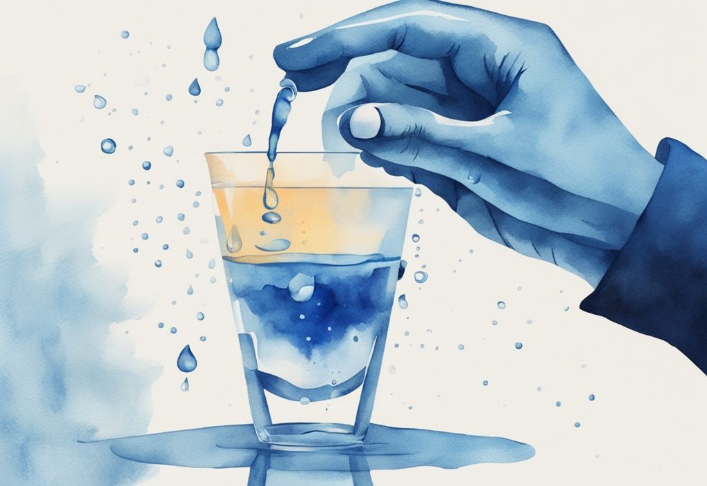 Minimalistische Aquarellillustration einer Hand, die Trimipramin Tropfen in ein Glas Wasser gießt, mit einer digitalen Uhr im Hintergrund, die späte Nachtzeit anzeigt – Trimipramin Tropfen zum Schlafen wann einnehmen