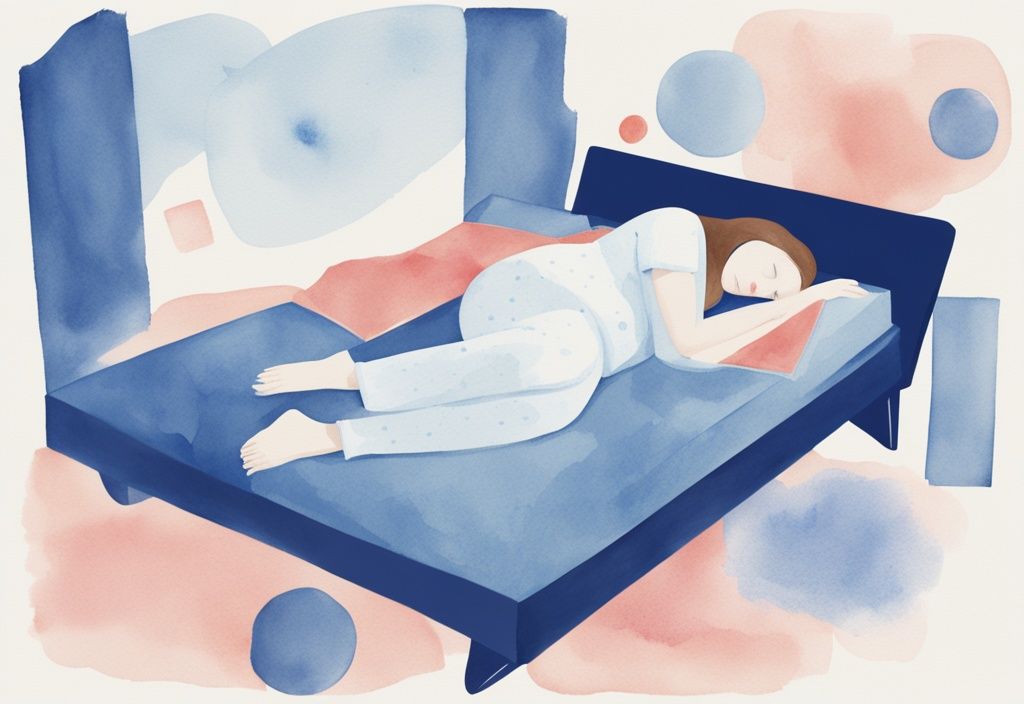 Minimalistische Aquarellillustration einer schwangeren Frau in Seitenlage im Bett, mit Symbolen für Beschwerden und Druckpunkte beim Schlafen auf dem Rücken, warum nicht auf dem Rücken schlafen Schwangerschaft.