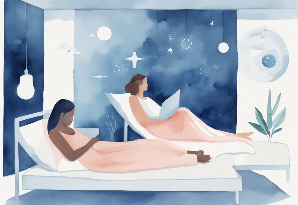 Minimalistische Aquarellillustration von Frauen in verschiedenen Schlafphasen mit wissenschaftlichen Daten im Hintergrund, warum brauchen Frauen mehr Schlaf.
