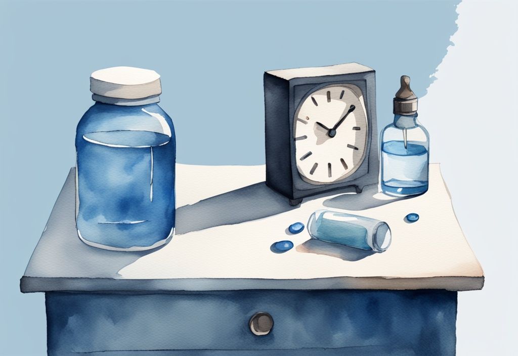 Minimalistische Aquarellillustration eines Nachttischs mit Trimipramin-Tropfen, einem Wasserglas und einer Uhr in den späten Nachtstunden, blaue Farbtöne.