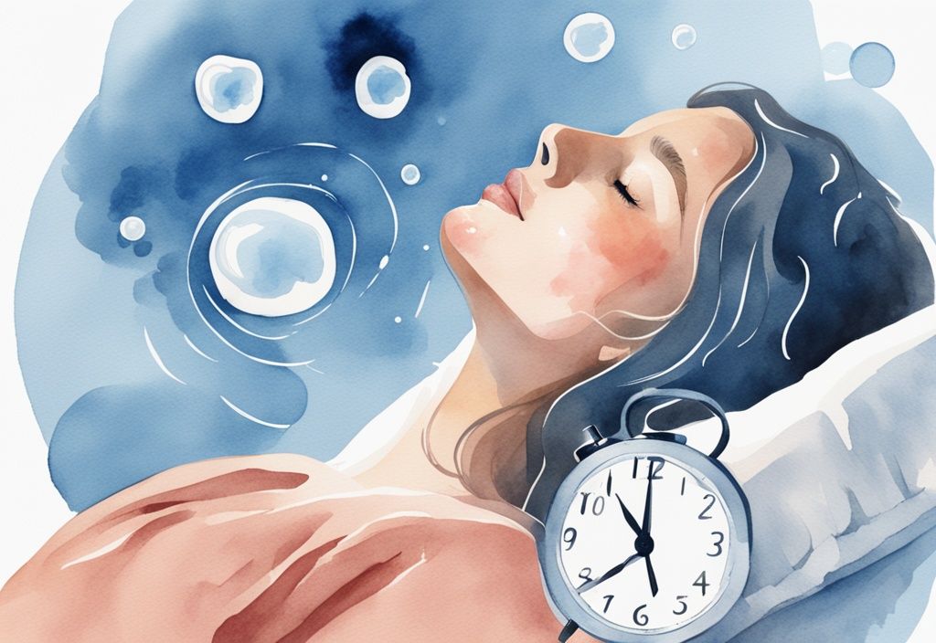Minimalistische Aquarell-Illustration einer friedlich schlafenden Frau mit Traumblasen, die Gesundheitsvorteile und eine kleine Uhr mit längeren Schlafstunden zeigen, Hauptfarbe Blau.