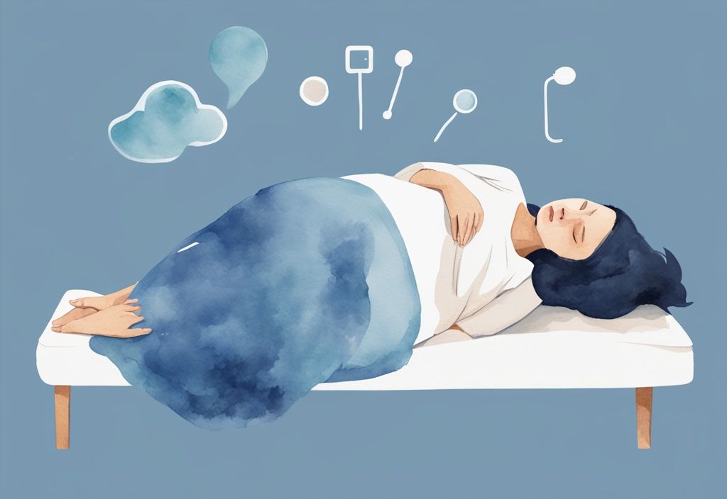 Minimalistische Aquarellillustration einer schwangeren Frau in verschiedenen Schlafpositionen, die zeigt, warum das Liegen auf dem Rücken nicht empfohlen wird, mit informativen Symbolen und Textblasen in Blau.