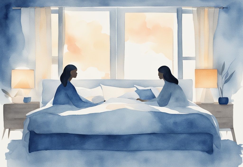 Minimalistische Aquarellillustration von zwei Frauen, die zusammen in einem großen Bett schlafen, mit sanftem Nachtlicht und beruhigender Atmosphäre im Raum.