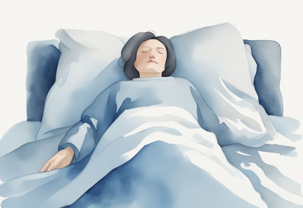 Minimalistische Aquarellillustration einer Person, die nach einer Schilddrüsenoperation in einer empfohlenen Schlafposition mit Nackenkissen im Bett ruht, Hauptfarbe Blau