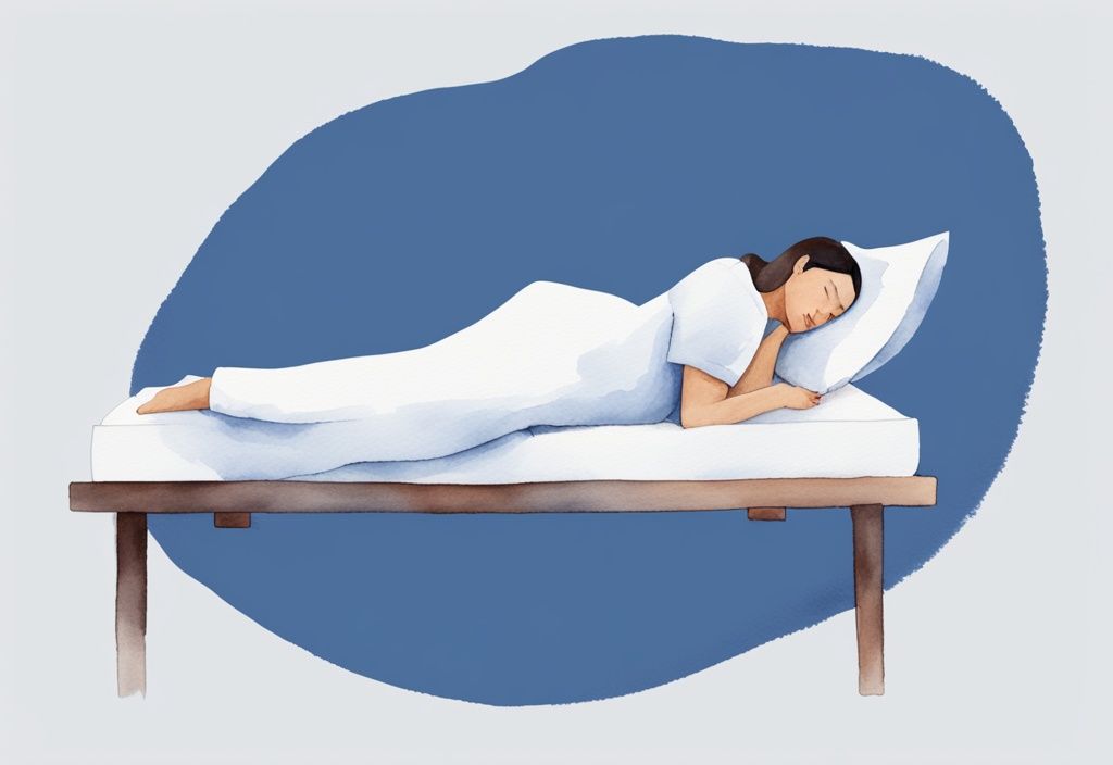Minimalistische Aquarell-Illustration einer Person, die sich nach einer Schilddrüsenoperation in der empfohlenen Schlafposition mit erhöhtem Oberkörper und Nackenkissen ausruht, Hauptfarbe Blau.