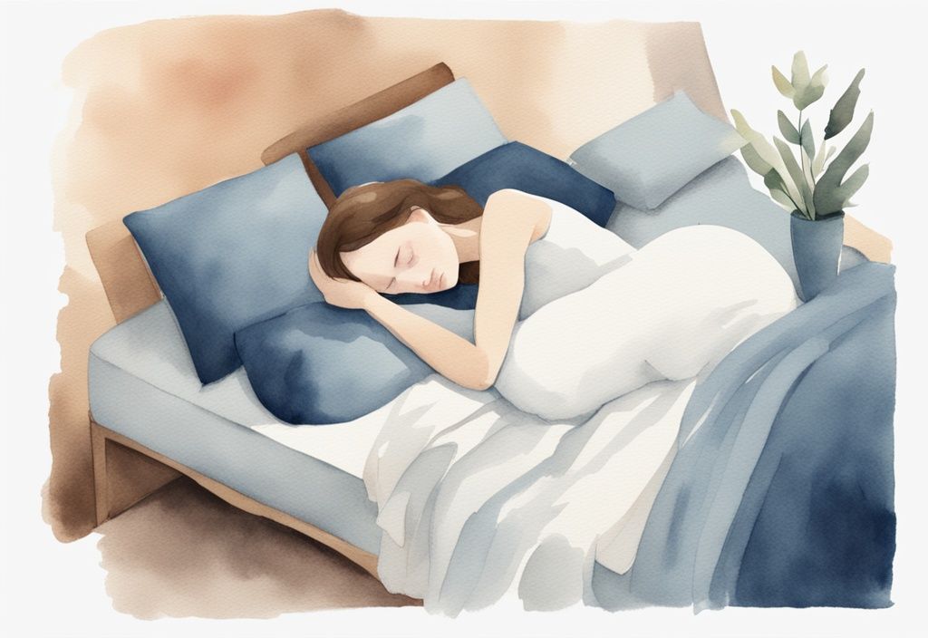 Minimalistische Aquarell-Illustration einer neuen Mutter, die bequem auf der Seite schläft, umgeben von unterstützenden Kissen, mit sanftem Licht, das ihre friedlichen Züge beleuchtet.