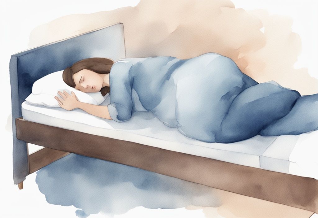 Minimalistische Aquarell-Illustration einer Frau, die nach einem Kaiserschnitt auf der Seite mit einem Körperkissen schläft - wie schlafen nach Kaiserschnitt.