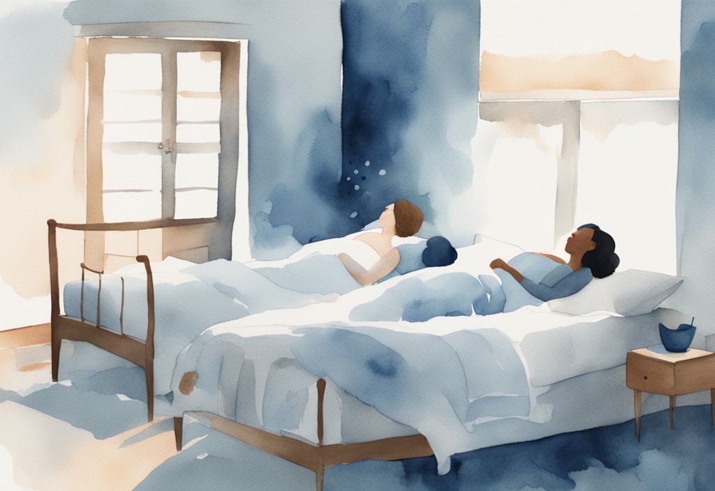 Minimalistische Aquarellillustration von zwei Frauen, die gemütlich nebeneinander in einem friedlichen Schlafzimmer schlafen, mit blauem Farbschema.