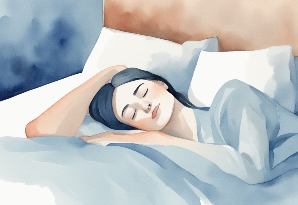 Minimalistische Aquarell-Illustration einer Person, die nach einer Schilddrüsen-OP mit Nackenkissen und erhöhtem Oberkörper schläft. Keyword: wie schlafen nach Schilddrüsen-OP