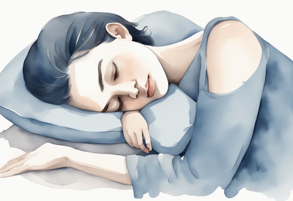 Minimalistische Aquarell-Illustration einer neuen Mutter, die bequem auf der Seite schläft, umgeben von unterstützenden Kissen, mit sanftem Licht, das ihre friedlichen Gesichtszüge beleuchtet.