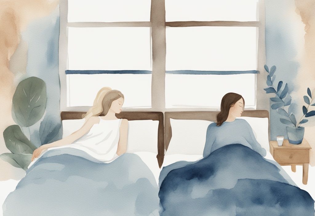 Minimalistische Aquarellillustration von zwei Frauen, die nebeneinander in einem gemütlichen Schlafzimmer schlafen, in blauen Farbtönen gehalten, vermittelt Ruhe und Gemeinschaft.